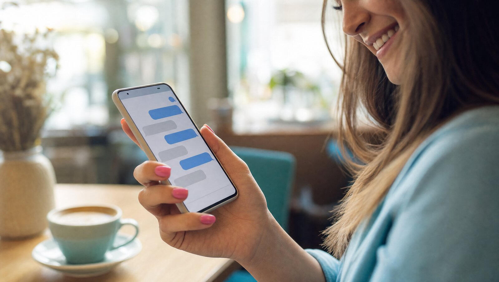 Customer smiling at a text message with her booking link