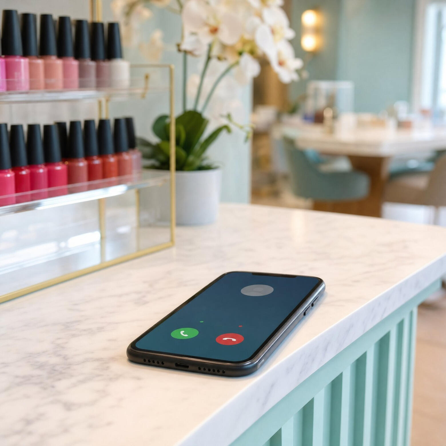 Smartphone on a nail salon counter showing an incoming call